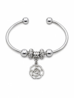 Silver Open Cuff Bangle Bracelet with Crystal Rose Charm Beads - Sable & Red