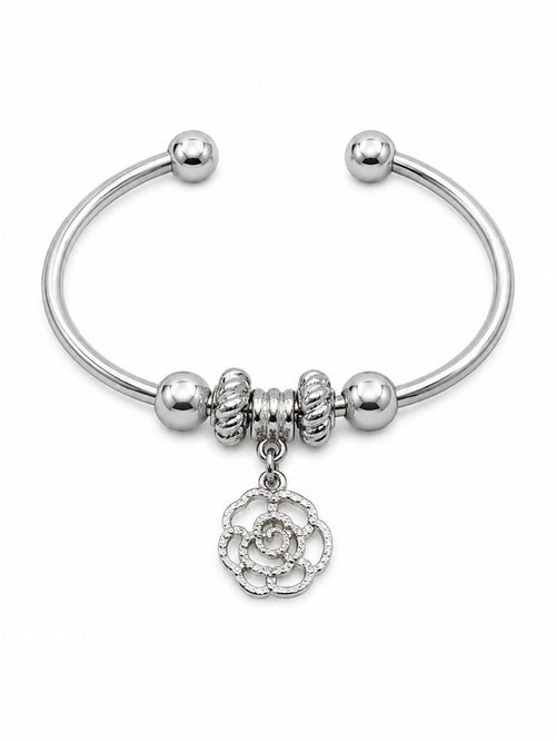 Silver Open Cuff Bangle Bracelet with Crystal Rose Charm Beads - Sable & Red