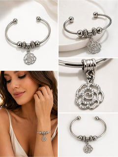 Silver Open Cuff Bangle Bracelet with Crystal Rose Charm Beads - Sable & Red