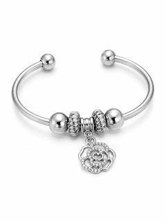 Silver Open Cuff Bangle Bracelet with Crystal Rose Charm Beads - Sable & Red