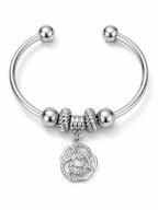 Silver Open Cuff Bangle Bracelet with Crystal Rose Charm Beads - Sable & Red
