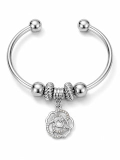 Silver Open Cuff Bangle Bracelet with Crystal Rose Charm Beads - Sable & Red