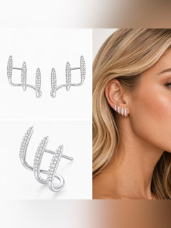 Silver Pave Crystal Triple Bar Ear Climber Stud Earrings 925 Sterling Silver - Sable & Red
