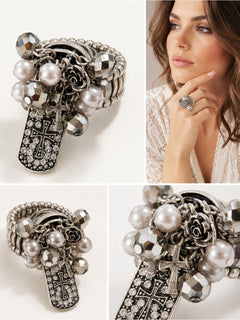 Silver Pearl Rhinestone Cross Charm Stretch Ring Gunmetal Black - Sable & Red