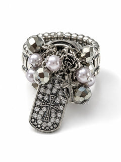 Silver Pearl Rhinestone Cross Charm Stretch Ring Gunmetal Black - Sable & Red