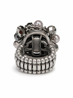 Silver Pearl Rhinestone Cross Charm Stretch Ring Gunmetal Black - Sable & Red