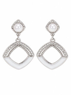 Silver Pearl Rhinestone Geometric Enamel Drop Earrings - Sable & Red