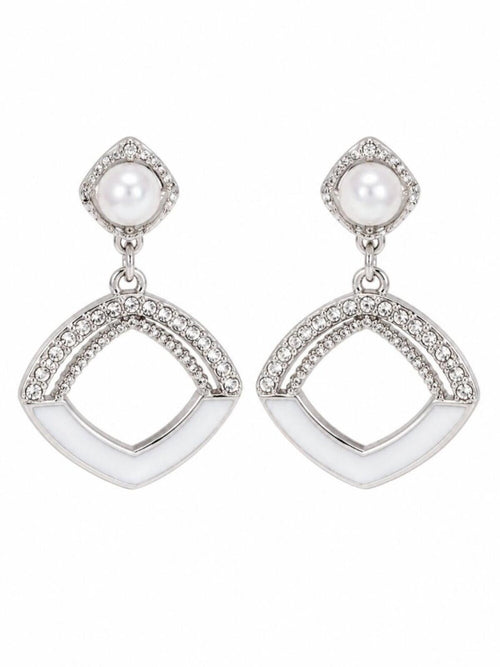 Silver Pearl Rhinestone Geometric Enamel Drop Earrings - Sable & Red