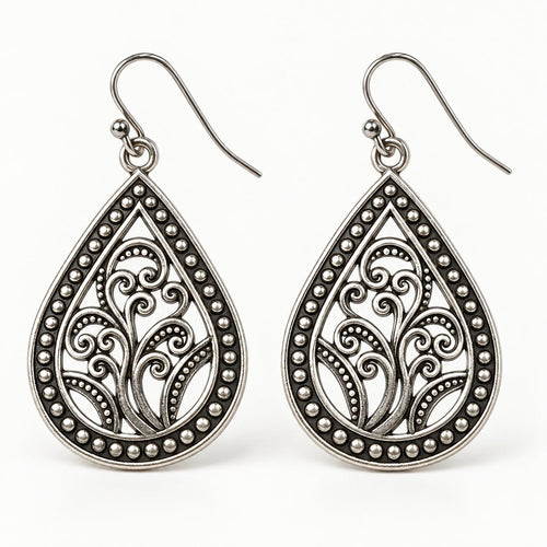 Silver-Tone Filigree Teardrop Earrings – The Isadora - Sable & Red