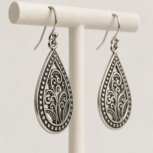 Silver-Tone Filigree Teardrop Earrings – The Isadora - Sable & Red