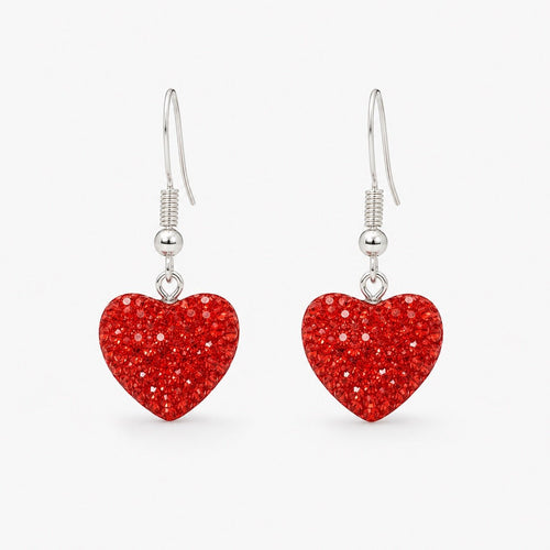 Sparkling Red Heart Sterling Silver Dangle Earrings - Sable & Red