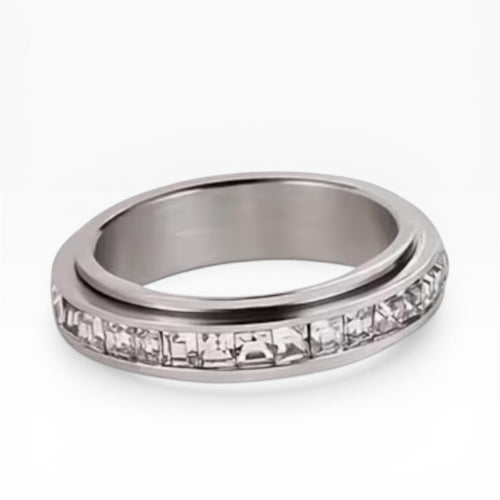 Spinner Fidget Ring in 18k White Gold over Silver Crystal Band Rotating • Size 7 - Sable & Red