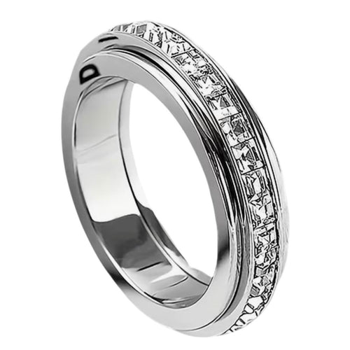 Spinner Fidget Ring in 18k White Gold over Silver Crystal Band Rotating • Size 7 - Sable & Red