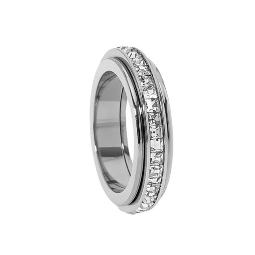 Spinner Fidget Ring in 18k White Gold over Silver Crystal Band Rotating • Size 7 - Sable & Red
