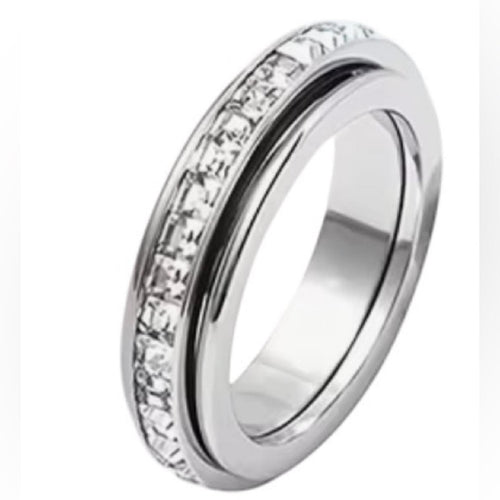 Spinner Fidget Ring in 18k White Gold over Silver Crystal Band Rotating • Size 7 - Sable & Red