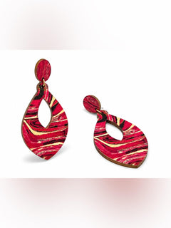 Statement Wooden Teardrop Cutout Earrings – Pink Marble Design - Sable & Red
