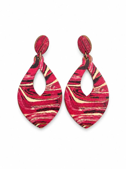 Statement Wooden Teardrop Cutout Earrings – Pink Marble Design - Sable & Red