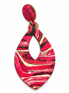 Statement Wooden Teardrop Cutout Earrings – Pink Marble Design - Sable & Red