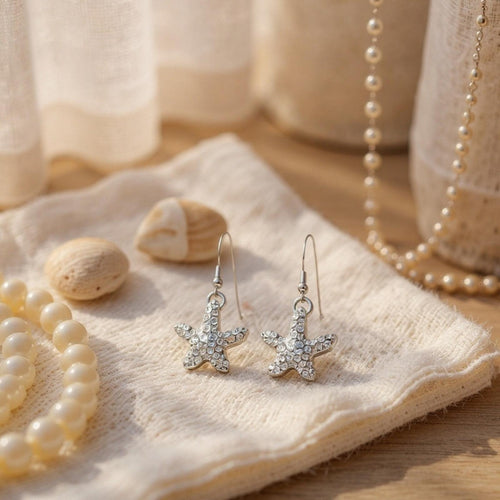 Sterling Silver Crystal Starfish Earrings - Sable & Red