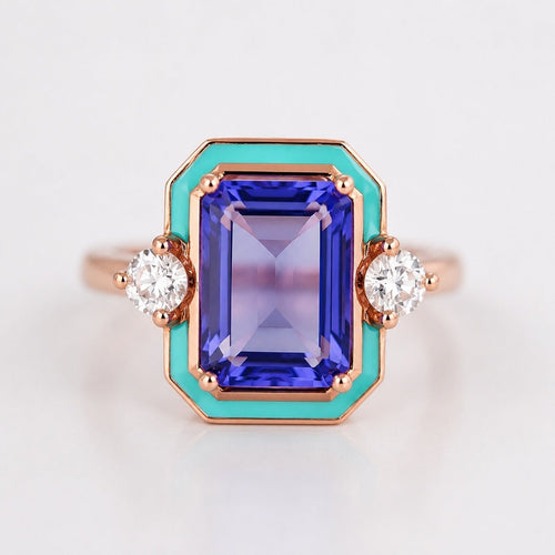 Tanzanite Blue Enamel 18K Rose Gold-Plated Ring Size 7 - Sable & Red