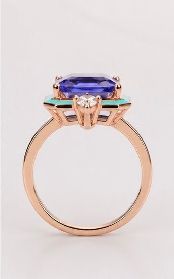 Tanzanite Blue Enamel 18K Rose Gold-Plated Ring Size 7 - Sable & Red
