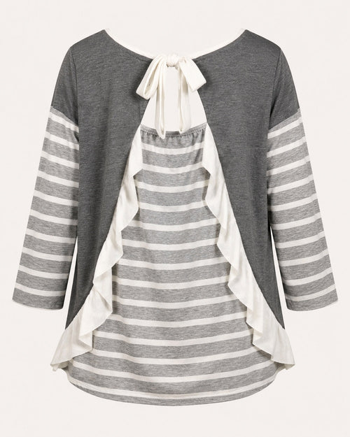UMGEE Gray White Striped Ruffle High-Low Top Size Medium - Sable & Red