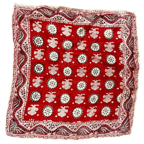 Vintage Handwoven Pure Silk Pocket Square Scarf Red Bandana Print Made in India - Sable & Red
