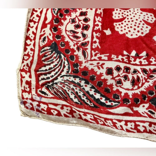Vintage Handwoven Pure Silk Pocket Square Scarf Red Bandana Print Made in India - Sable & Red