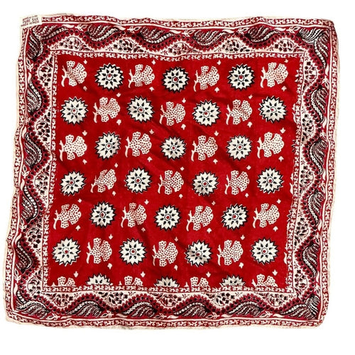 Vintage Handwoven Pure Silk Pocket Square Scarf Red Bandana Print Made in India - Sable & Red
