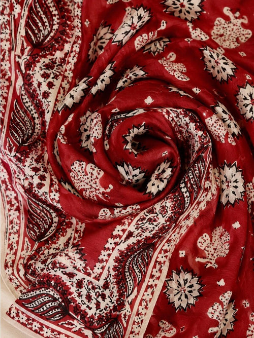 Vintage Handwoven Pure Silk Pocket Square Scarf Red Bandana Print Made in India - Sable & Red