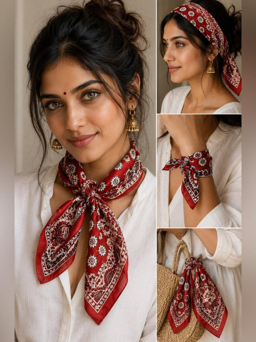 Vintage Handwoven Pure Silk Pocket Square Scarf Red Bandana Print Made in India - Sable & Red
