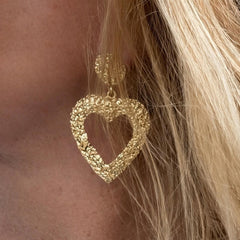 Vintage Textured Gold Heart Drop Earrings • Statement Dangle - Sable & Red