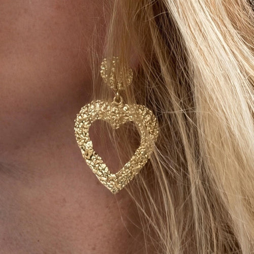 Vintage Textured Gold Heart Drop Earrings • Statement Dangle - Sable & Red