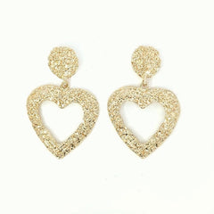 Vintage Textured Gold Heart Drop Earrings • Statement Dangle - Sable & Red