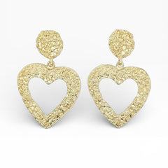 Vintage Textured Gold Heart Drop Earrings • Statement Dangle - Sable & Red