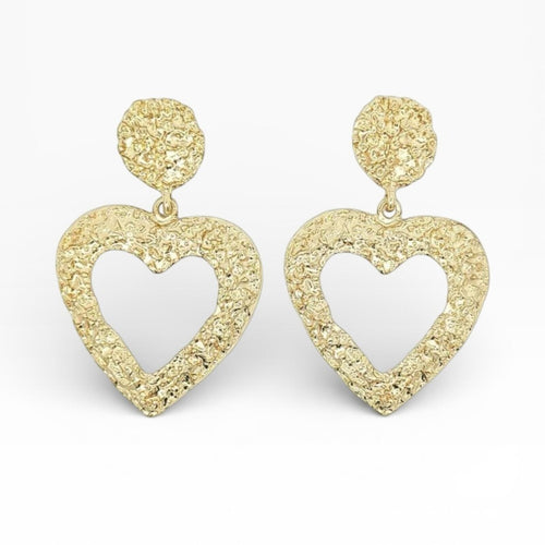 Vintage Textured Gold Heart Drop Earrings • Statement Dangle - Sable & Red