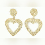 Vintage Textured Gold Heart Drop Earrings • Statement Dangle - Sable & Red
