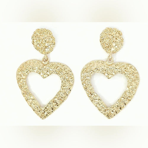 Vintage Textured Gold Heart Drop Earrings • Statement Dangle - Sable & Red