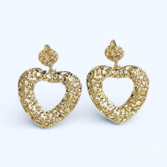 Vintage Textured Gold Heart Drop Earrings • Statement Dangle - Sable & Red