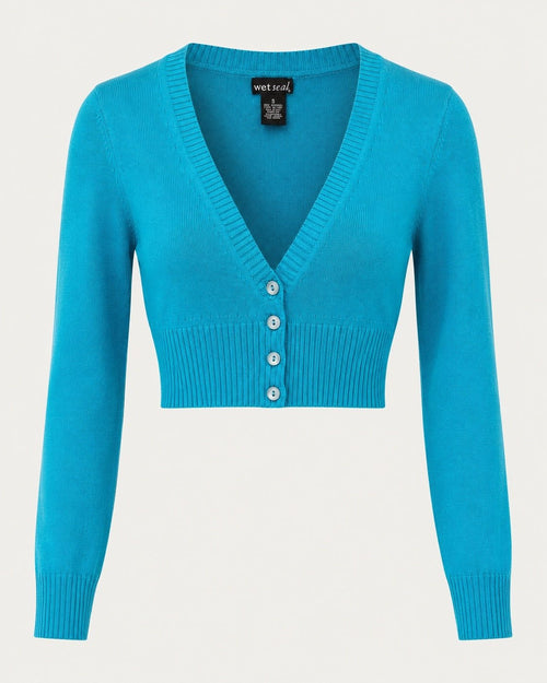 Wet Seal Turquoise Cropped V-Neck Cardigan - Sable & Red