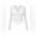 White Lace Fringe V-Neck Long Sleeve Top Size Small - Sable & Red