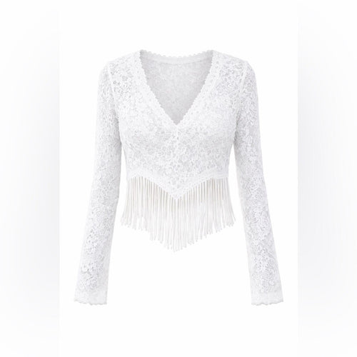 White Lace Fringe V-Neck Long Sleeve Top Size Small - Sable & Red