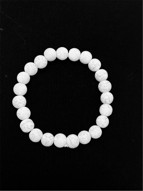 White Marble Howlite Beaded Stretch Bracelet Minimalist Stone Jewelry - Sable & Red
