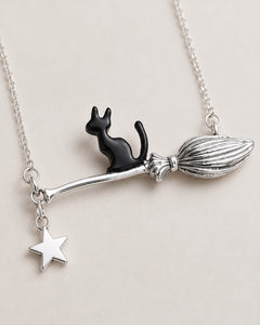 Witchy Black Cat Broom & Star Stainless Steel Necklace - Sable & Red