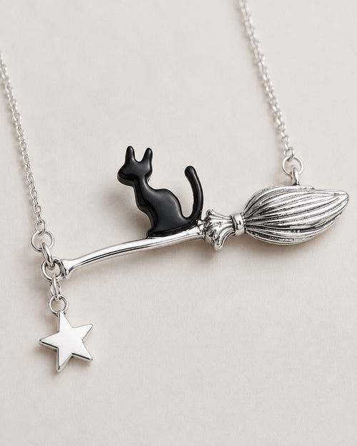 Witchy Black Cat Broom & Star Stainless Steel Necklace - Sable & Red