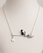 Witchy Black Cat Broom & Star Stainless Steel Necklace - Sable & Red