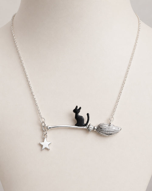 Witchy Black Cat Broom & Star Stainless Steel Necklace - Sable & Red