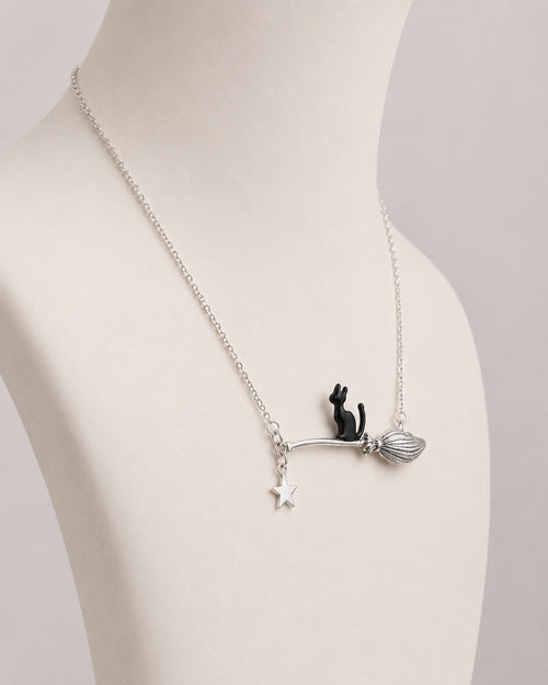 Witchy Black Cat Broom & Star Stainless Steel Necklace - Sable & Red