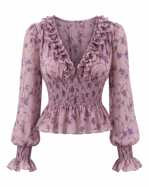 Women’s Mauve Floral Ruffle Smocked Peplum Blouse Size Small/4 - Sable & Red