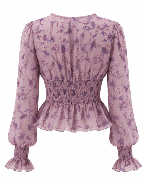 Women’s Mauve Floral Ruffle Smocked Peplum Blouse Size Small/4 - Sable & Red